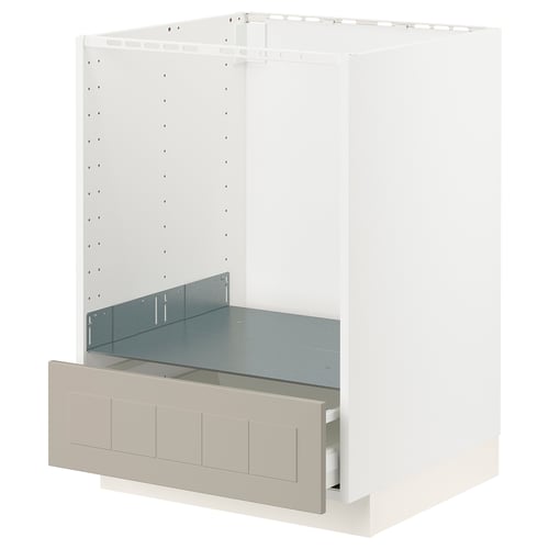 A white METOD kitchen cabinet with beige stensund drawers. It a rectangular shape and modern design.