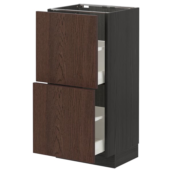 METOD kitchen cabinet with dark brown sinarp drawers, oak veneer, and particleboard.