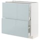 Modern white kitchen cabinet with high-gloss light blue drawers, sleek design, self-closing drawers.