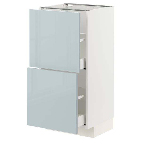 Modern kitchen cabinet METOD with high-gloss light blue kallarp, white frame, 2 drawers, sleek design.