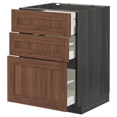 Modern kitchen unit, 3 drawers, walnut finish, wooden texture, dark grey frame, stylish, functional design.