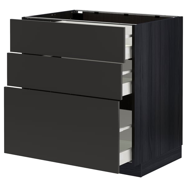 Modern black METOD kitchen cabinet with sleek matt drawer fronts and smooth self-closing drawers.