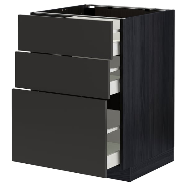 Modern black kitchen cabinet with three open drawers, sleek and minimalist design, sturdy dark material.