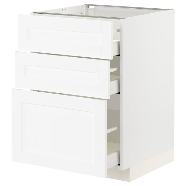 A white kitchen cabinet from the METOD system, featuring multiple drawers with a modern, minimalist design.