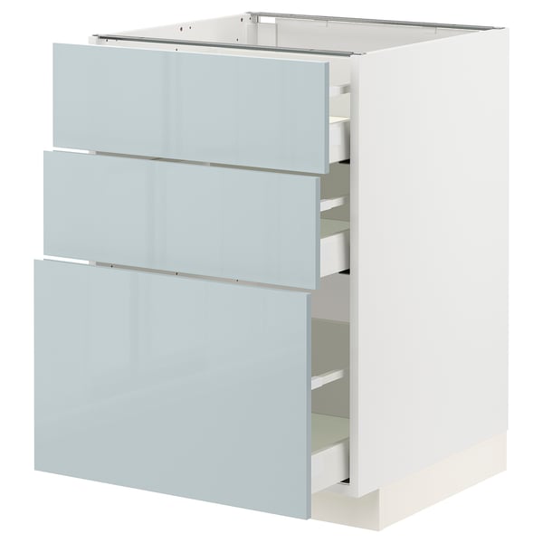 A METOD kitchen cabinet with three grey-blue glossy drawers. The cabinet is white with sleek, modern design lines.