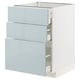 A METOD kitchen cabinet with three grey-blue glossy drawers. The cabinet is white with sleek, modern design lines.