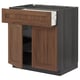 METOD kitchen unit with walnut foil, drawer open, wood grain, 2 doors, 1 drawer, grey frame, adjustable shelf.