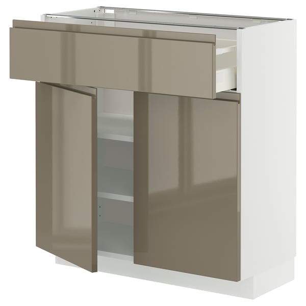 METOD / MAXIMERA Base cabinet with drawer/2 doors, white/Voxtorp high-gloss dark grey-brown, 80x37 cm
