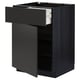 White-use storage unit, black, rectangular, wooden with open drawer.