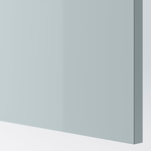 Immaculate, high-gloss grey-blue drawer front made of particleboard with smooth plastic edges.
