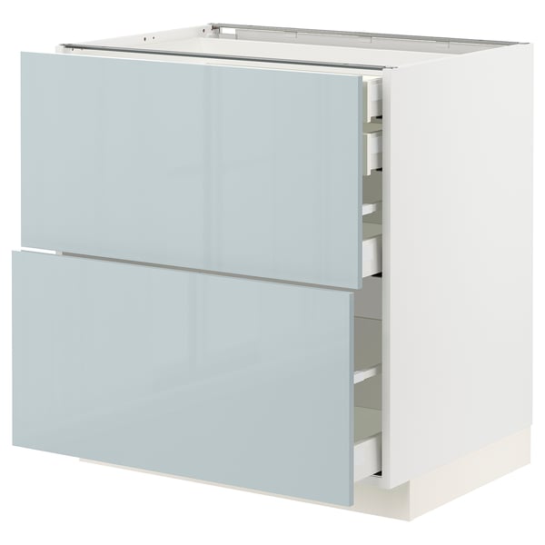 Modern grey-blue high-gloss METOD kitchen unit with multiple drawers.