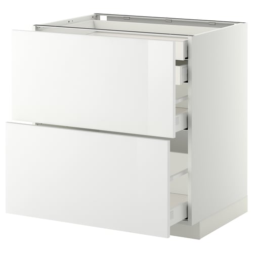 White modern kitchen cabinet with high-gloss finish and multiple drawers, part of the METOD system.