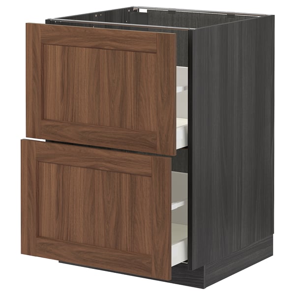 Dark wooden drawer unit with two large drawers, gentle close; part of IKEAs METOD kitchen system.