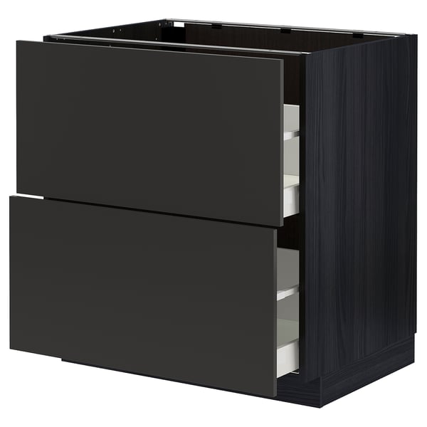 Modern black METOD kitchen cabinet with two drawers, sleek design, sturdy construction.