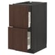 Modern dark brown kitchen cabinet with open drawers, oak veneer, wood edging, minimalist design.