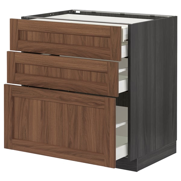 METOD kitchen unit, walnut wood shelves, 3 drawers, grey frame, classic design.