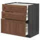 METOD kitchen unit, walnut wood shelves, 3 drawers, grey frame, classic design.