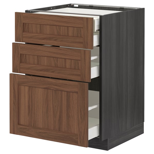 An ikea METOD kitchen unit with walnut-finished drawers and dark grey base, featuring three drawers and a cabinet.