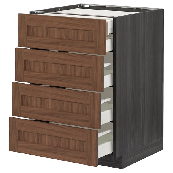 METOD walnut kitchen drawer unit: 4 brown wood drawers, dark grey cabinet, sleek & modern design, sturdy construction.