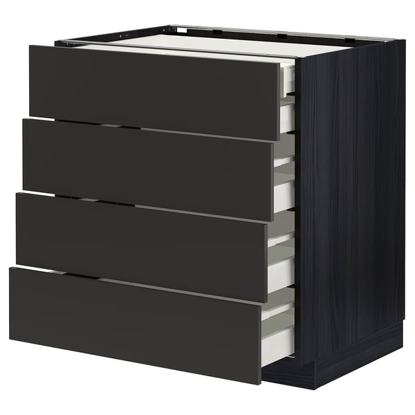 Modern matte black kitchen drawer unit, square, four drawers, sleek handles, durable wood material.