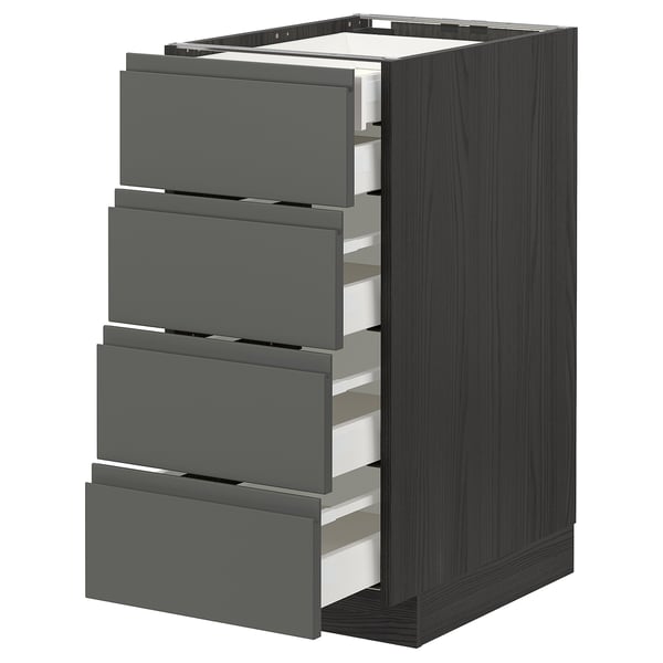 Modern kitchen unit, METOD, dark grey, four open drawers, wood-like sides, streamlined design, soft close.