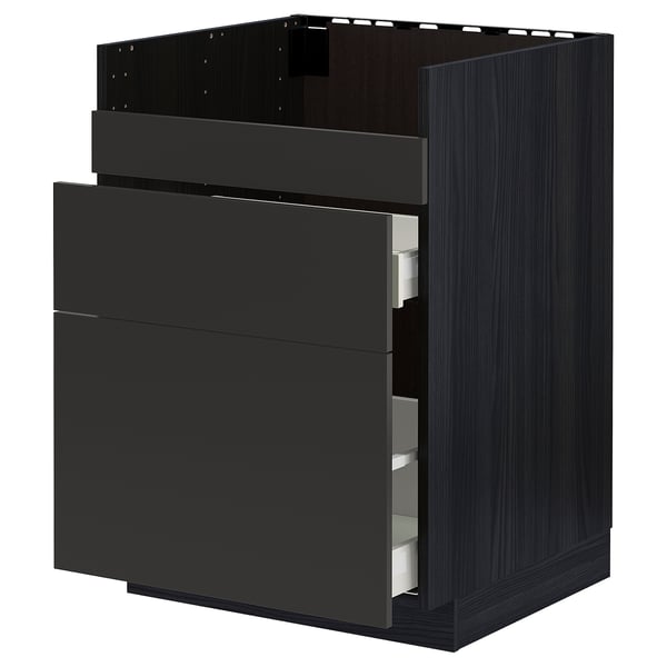 Black modern kitchen unit, ikea METOD series, dark wood-like finish, three drawers, one open.