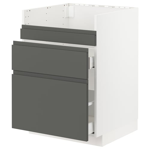 Modern kitchen cabinetset, grey, with integrated handles, sleek design.