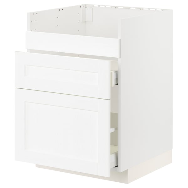 White kitchen cabinet, modern design with smooth fronts, sturdy, comes with drawers.