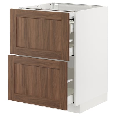 METOD / MAXIMERA Bc w pull-out work surface/3drw, white Enköping/brown walnut effect, 60x60 cm
