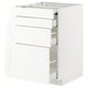 White METOD kitchen cabinet with three open drawers, sleek design.