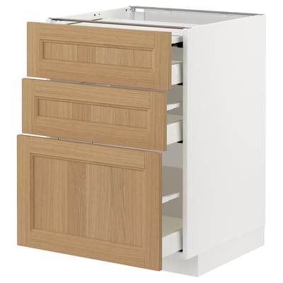 METOD / MAXIMERA Bc w pull-out work surface/3drw, white/Vedhamn oak, 60x60 cm