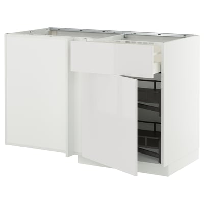 METOD / MAXIMERA Corner base cab w drawer and p-out, white/Ringhult light grey, 128x68 cm