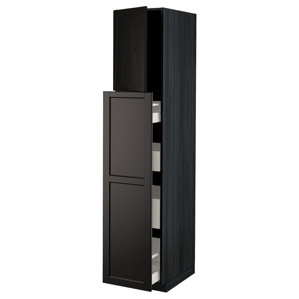 Black kitchen cabinet with dark wood finish, two doors, one drawer, tall vertical shape.