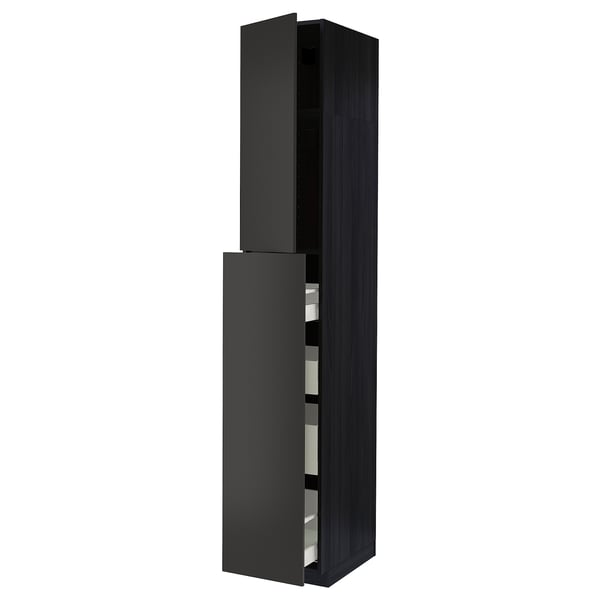 Modern black kitchen cabinet with sleek design and multiple compartments.