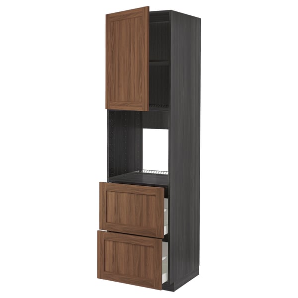 METOD kitchen unit with walnut front, tall, two drawers, and one shelf.
