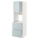 A white and light blue ikea METOD kitchen unit with high-gloss cabinet fronts, drawers, and an open shelf.