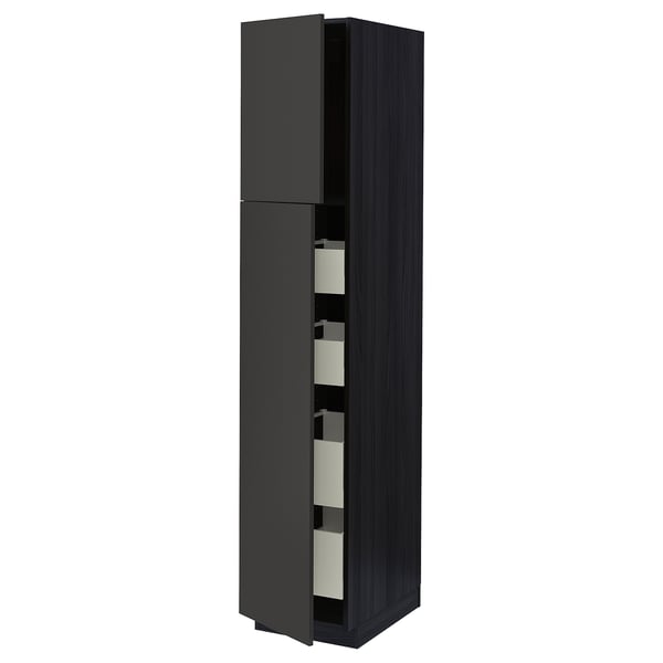 Black vertical storage cabinet with multiple drawers, matt finish from METOD kitchen system.