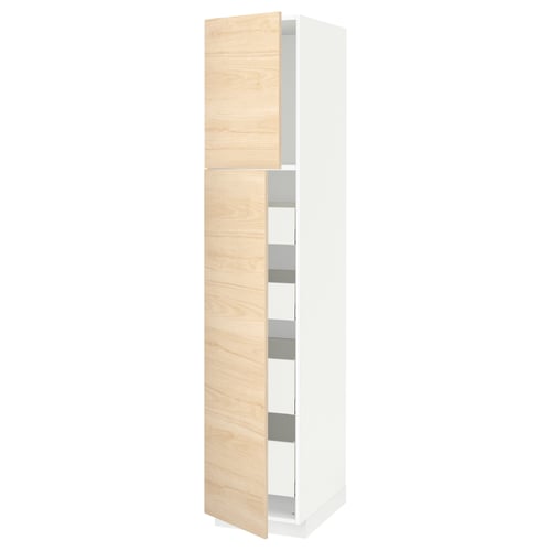 A white and light ash-colored METOD kitchen cabinet with three shelves, featuring a minimalist and natural design.