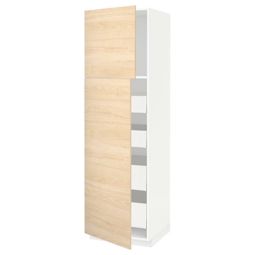 Open light ash wooden kitchen cabinet with white interior and shelves.