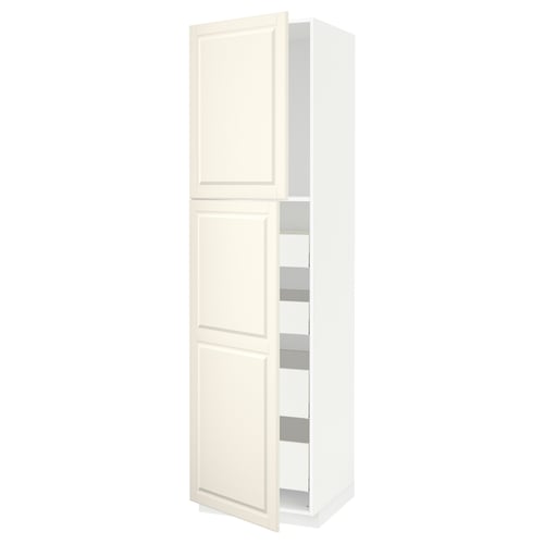 A white METOD kitchen cabinet with two doors and adjustable shelves. It has a traditional design with bevelled edges and a sleek, off-white finish.