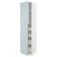 Modern tall white ikea kitchen cabinet with blue-gray glossy doors and multiple shelves.
