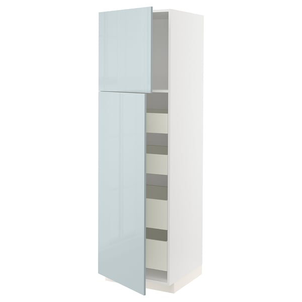 A METOD high cabinet with high-gloss grey-blue kallarp doors and a white frame.