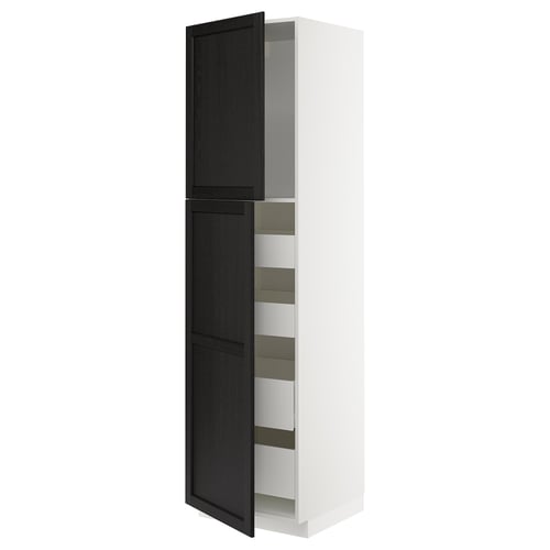 Modern kitchen cabinet, white & black, tall with shelves & drawers.