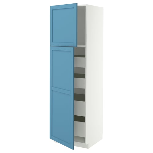 A METOD tall cabinet with blue doors, featuring multiple shelves inside.