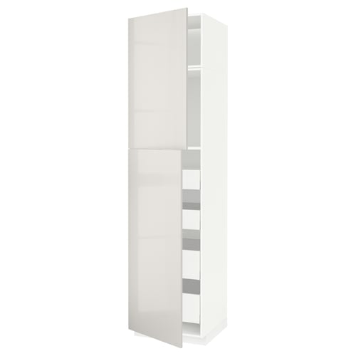 A white METOD tall kitchen cabinet with glass doors, featuring a modern design.
