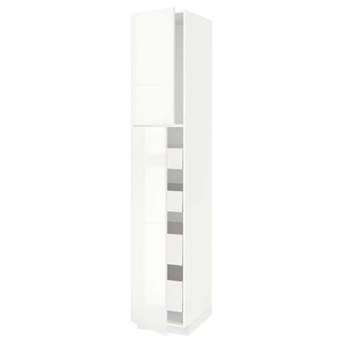 White tall kitchen cabinet with high gloss finish and multiple shelves.