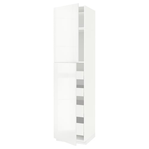 A white METOD kitchen cabinet with glossy doors and shelves. Its tall and rectangular, modern and sleek.