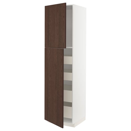 METOD kitchen unit, dark brown wood grain doors, white sides, two shelves exposed.