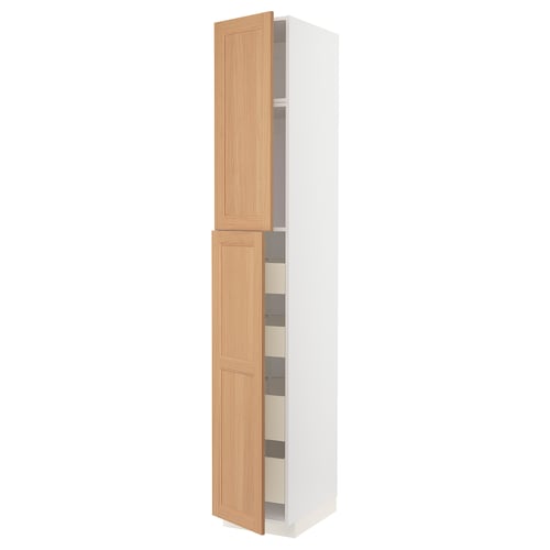 White and oak tall kitchen cabinet with multiple drawers.