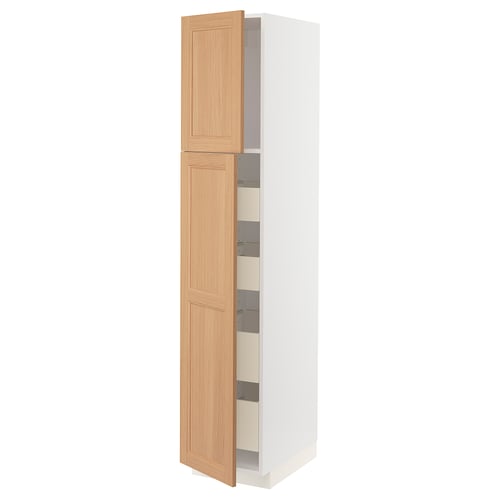 METOD kitchen cabinet: tall white body, oak doors, two doors open revealing shelves.